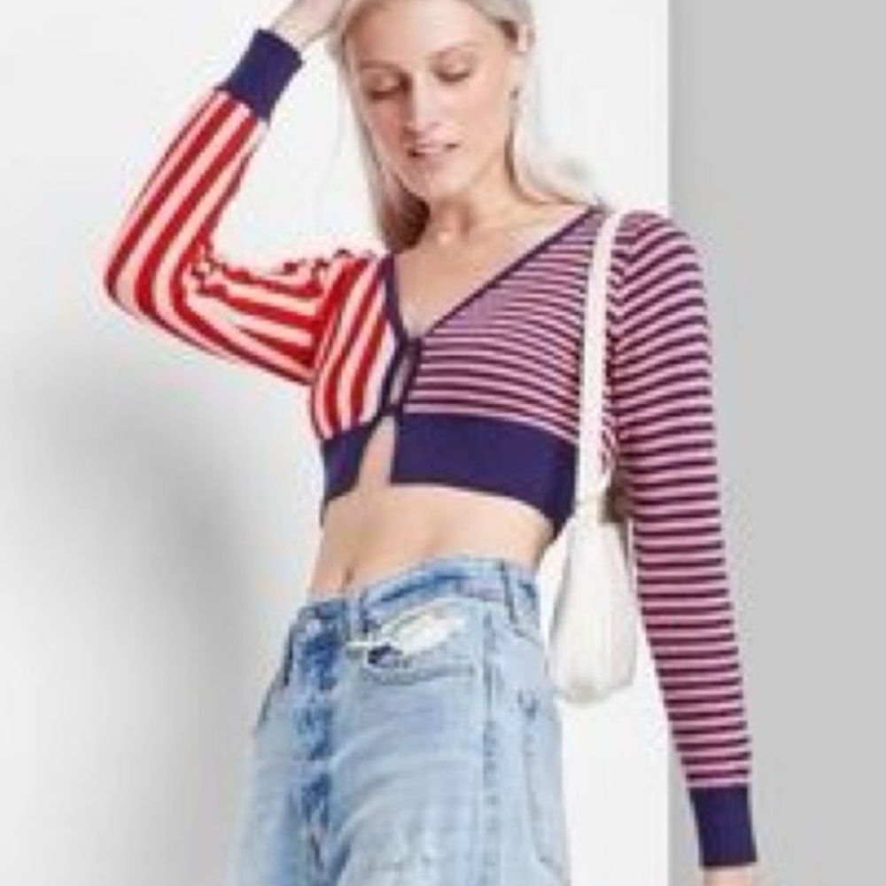 Wild Fable Cropped Sweater Top Cardigan  - Patristics Red, White and Blue.  -M